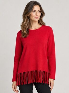 Nygård Red Fringe Hem Long Sleeve Knit Sweater Top Medium
